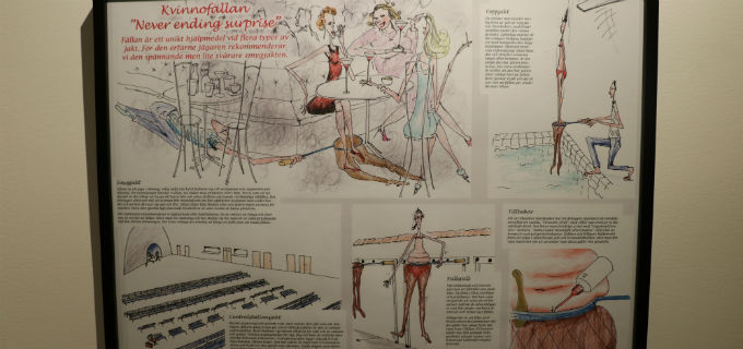 Konstverket Kvinnofällan. En del av utställningen Mäns våld mot kvinnor.