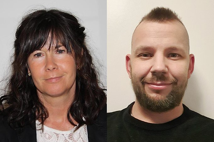 kollage med två porträttbilder, en person med långt mörkt hår, en person med kort brunt hår och brunt skägg